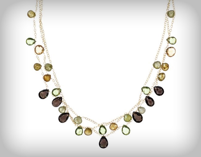 Gold-Filled Citrine, Smoky-Quartz, Peridot and Green Garnet Briolette Three-Row Necklace, 17''