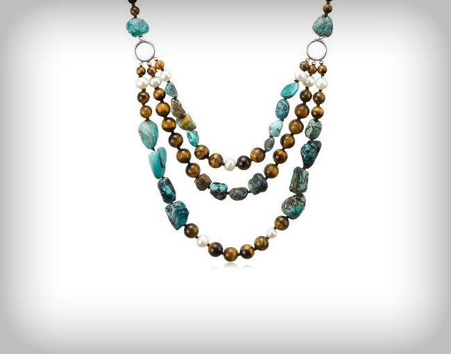 Tiger Eye, Turquoise and White Freshwater Cultured Pearl Three-Row Necklace with Sterling Silver Clasp, 19.5+4'' Extender